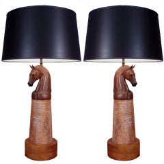 Pair Carved Walnut Horse Head Lamps