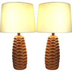Vintage Ceramic & Teak 'Pine Cone' Lamps