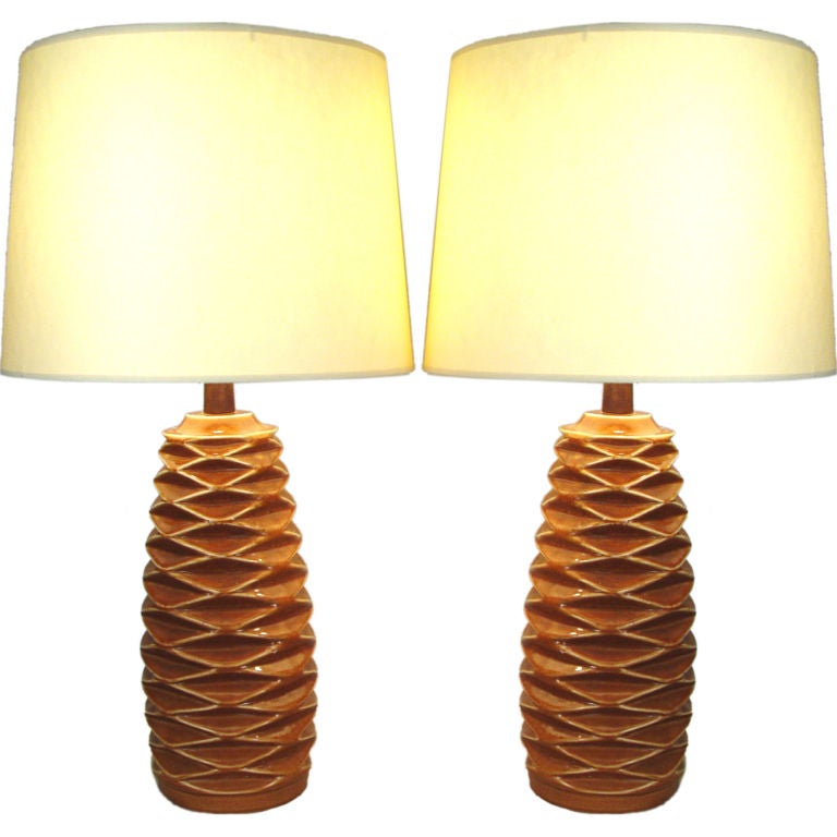 Vintage Ceramic & Teak 'Pine Cone' Lamps