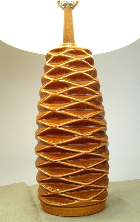 American Vintage Ceramic & Teak 'Pine Cone' Lamps