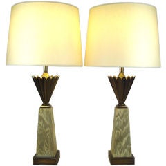 Vintage Stiffel Cerrused Oak & Brass Crown Lamps