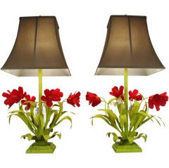 Charming Pair of 1950's Tole Tulip Lamps