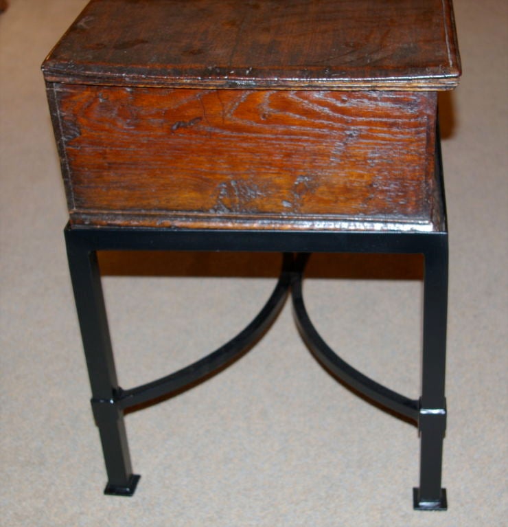 This late 17th Century box was used to protect family Bibles, letters and important documents such as deeds. The deep rich oak color and patination is superb on this box. This Bible box retains its original lock plate. The base is of iron painted