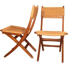 Set of Eight Walnut and Rope Folding Chairs