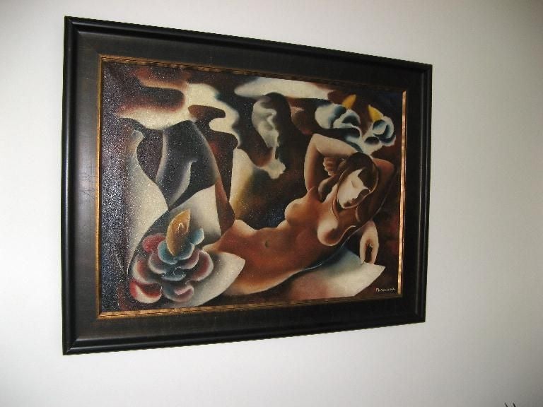 This is a breathtaking work by Jan Marembert, 1904-1968, a French artist of great skill and imagination who had a long and successful career.  A very rich palette of chocolates and golds depict a reclining nude with an abstracted man smoking in the