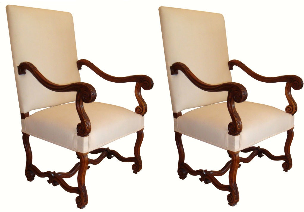 Pair of Louis XIV Style Bergere Chairs Carved Walnut Wood Armchairs France For Sale 1