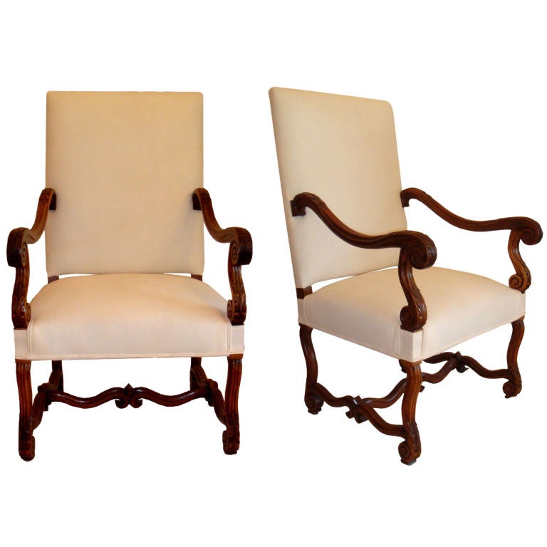Pair of Louis XIV Style Bergere Chairs Carved Walnut Wood Armchairs France For Sale