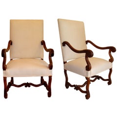 Pair of Louis XIV Style Bergere Chairs Carved Walnut Wood Armchairs France
