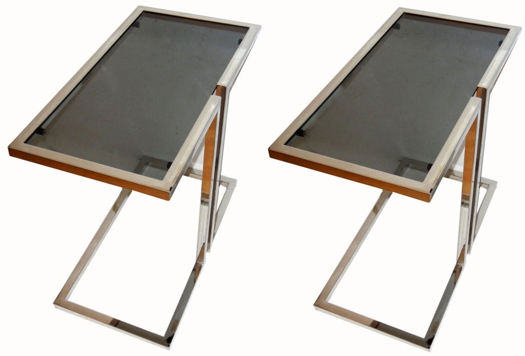 20th Century Pair of French Mid-Century Modern Chrome & Smoked Glass Top Side Table, Consoles