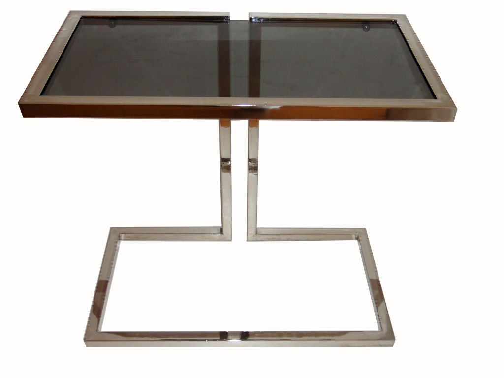 Pair of French Mid-Century Modern Chrome & Smoked Glass Top Side Table, Consoles 1