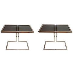 Pair of French Mid-Century Modern Chrome & Smoked Glass Top Side Table, Consoles