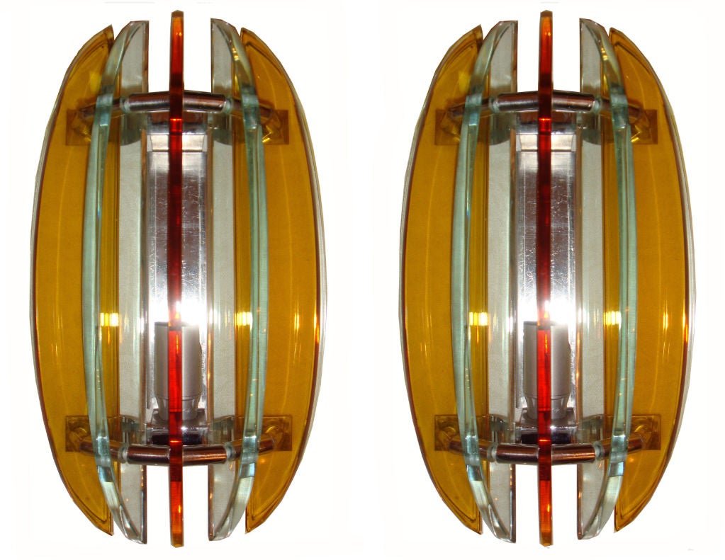 Wall Sconces Glass & Chrome by Veca Italy Mid-Century Modern - 6 Pair Available  In Good Condition In Miami, FL