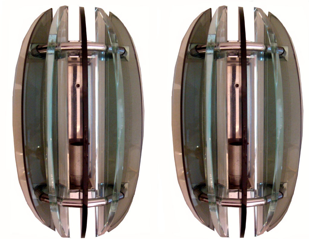20th Century Wall Sconces Glass & Chrome by Veca Italy Mid-Century Modern - 6 Pair Available 