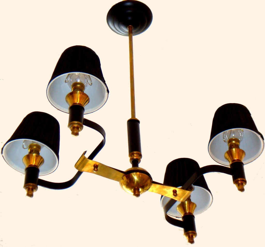 Delicate four lights, two patinas, French chandelier attributed to Jacques Adnet.