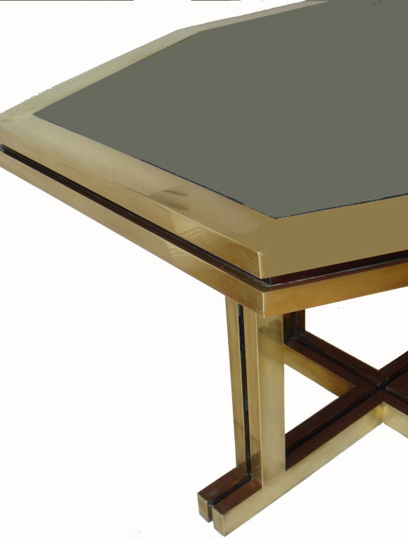 Mid-Century Modern Maison Jansen Huge Octagonal Brass Dining Table or Desk Smoked Glass Top, France For Sale