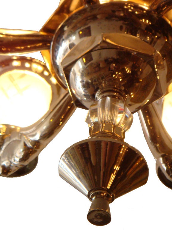 Mid-20th Century French Art Deco Nickel Plated & Etched Frosted Glass Shades Chandelier 1940 For Sale