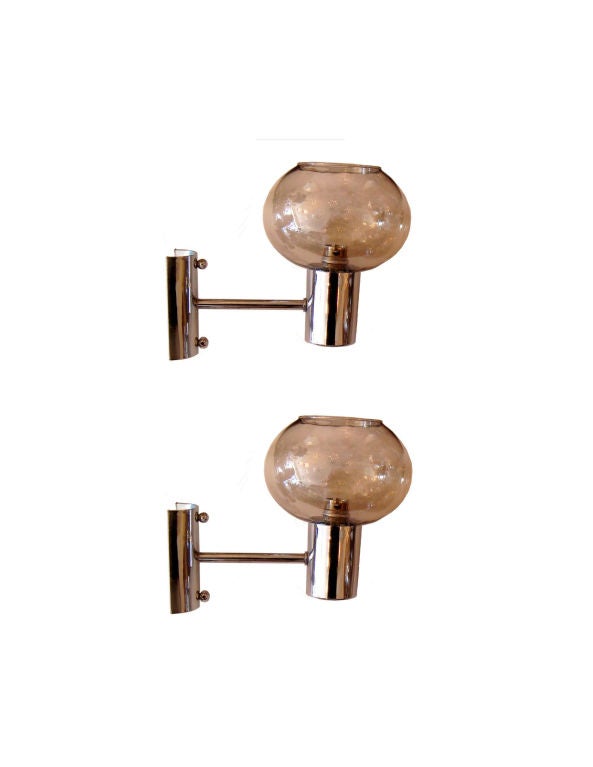 French Denis Diderot Glass & Chrome Sconces, Wall Lights Mid-Century Modern, Pair  For Sale
