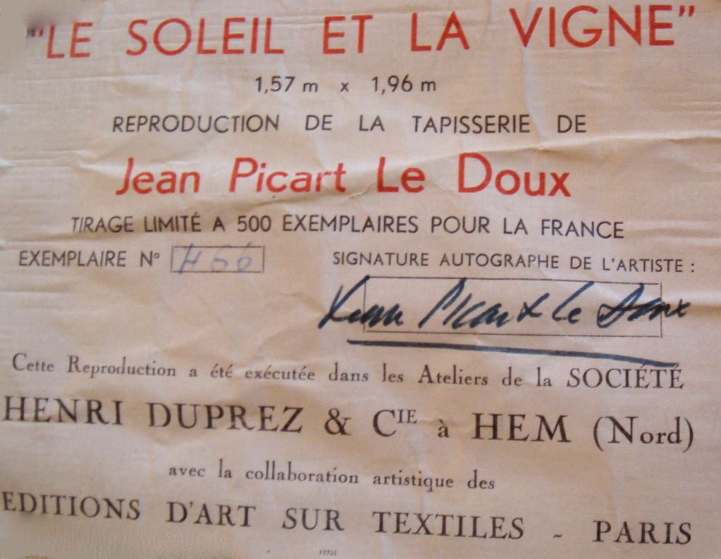 Original Wandteppich aus Baumwolle von Jean Picart le Doux Paris, Proof von Authentizität, 50er Jahre im Angebot 5