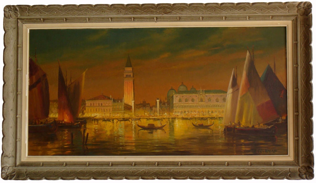 VENICE oil painting, featuring the Doges Palacio, Italian School, circa 1940s in its original 1940s frame.
Signed M. Coloman, 20th century.
 