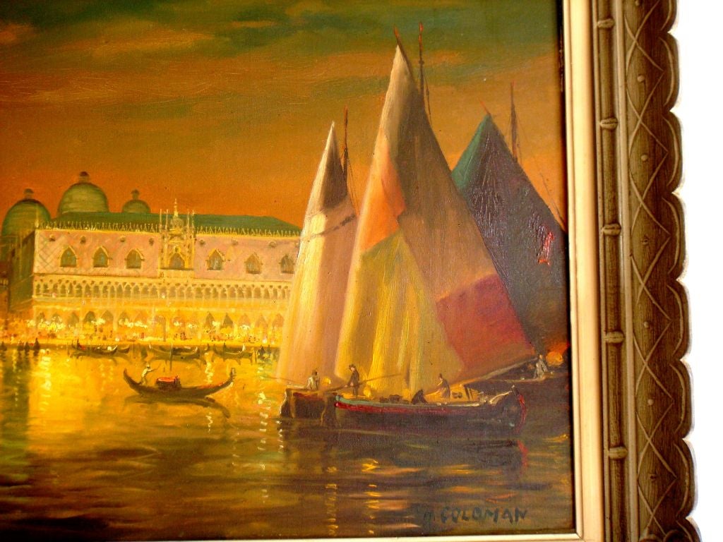 Mid-Century Modern Signed M. Coloman Framed Oil Painting on Canvas Titled Venice Italy 1940 For Sale