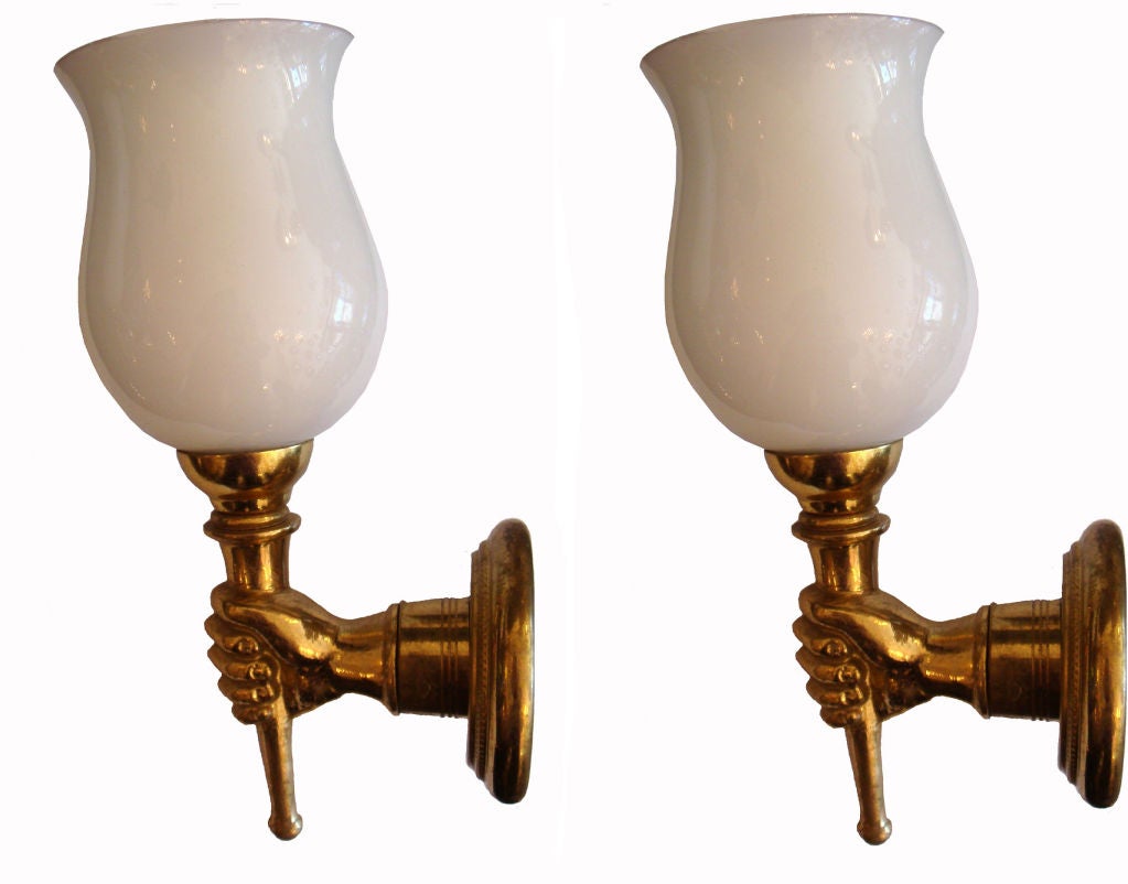 Mid-Century Modern Andre Arbus Style Bronze Hand Sconce & Opaline Shade - Pair, 3 Pair available For Sale