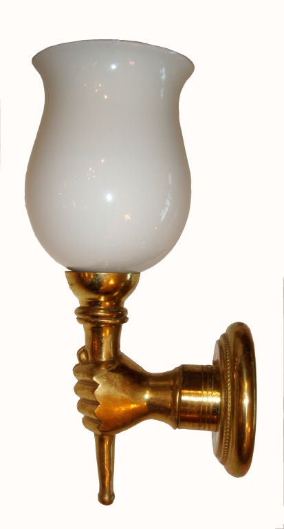 Andre Arbus Style Bronze Hand Sconce & Opaline Shade - Pair, 3 Pair available In Good Condition For Sale In Miami, FL
