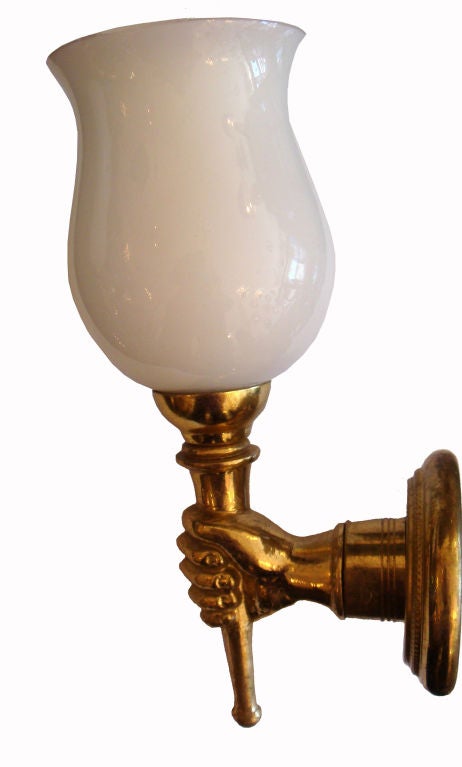 Mid-20th Century Andre Arbus Style Bronze Hand Sconce & Opaline Shade - Pair, 3 Pair available For Sale