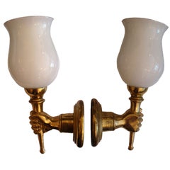 Andre Arbus Style Bronze Hand Sconce & Opaline Shade - Pair, 3 Pair available