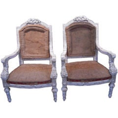 Pair of Carved, Gray and Silver Arm Chairs, ready to upholster