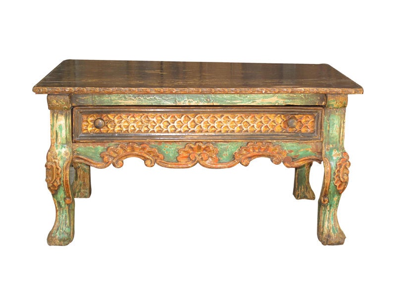 Peruvian green painted and gold leaf side table with traditional Cuzco fish scale carving.