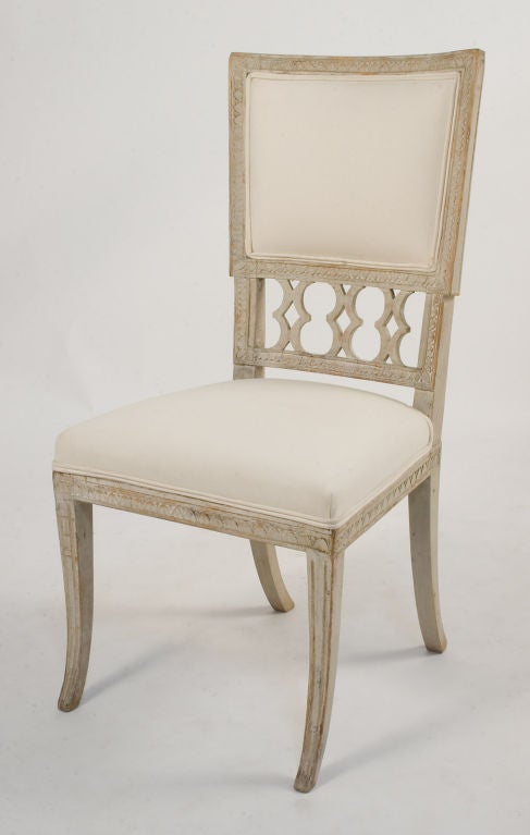 Gustavian Chairs by Erik Ohrmark (Stockholm Master from 1777-1813). A favorite carpenter of both King Gustav III and Gustav Adolf IV. He worked on many of the Kings Castles and Manor houses including Haga Castle.