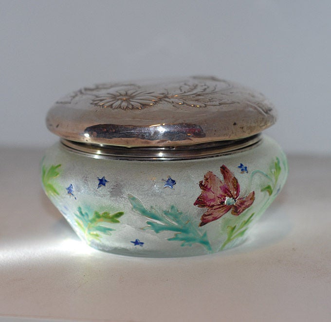 DAUM NANCY cameo silver-mounted frosted glass jar & cover.<br />
Cany box 