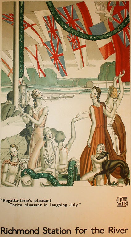 JEAN DUPAS (1882-1964)<br />
<br />
London Underground/Richmond Station for the River.<br />
Regatta-time's pleasant - thrice pleasant in laughing July<br />
Original Poster 1933<br />
40