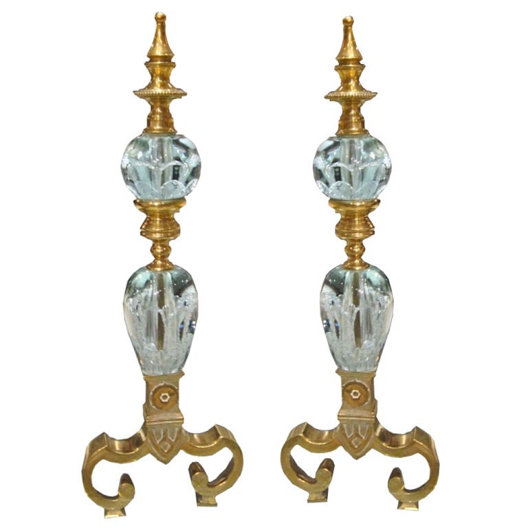 Pair of Controlled Bubble and Brass Andirons