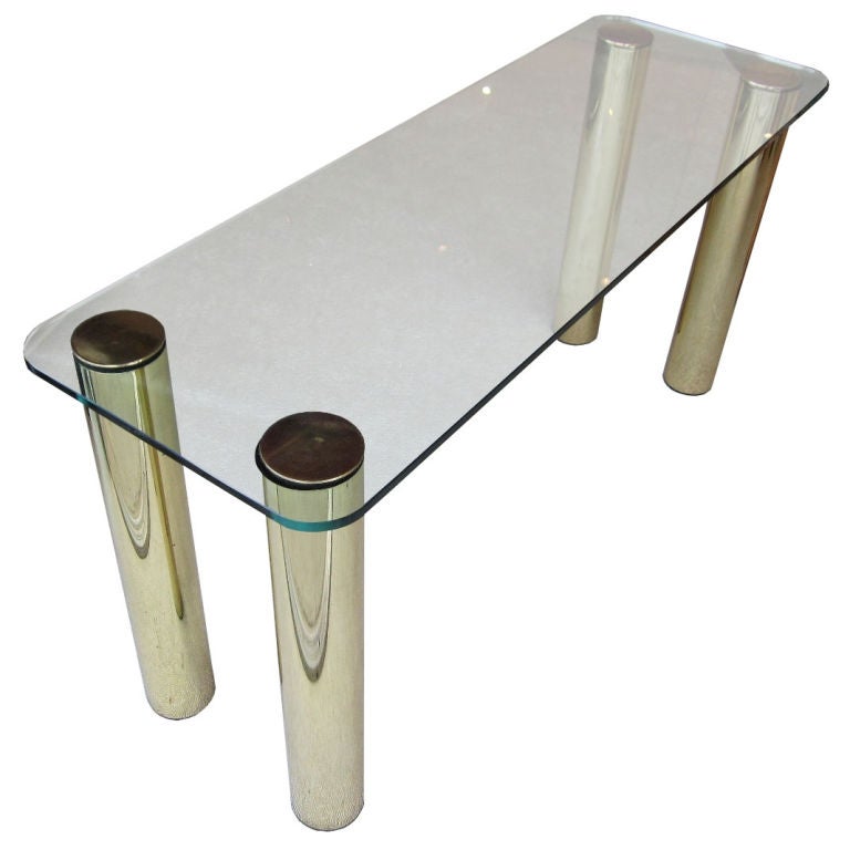 Glass and Brass Console with Cylindrical Legs by Pace Collection