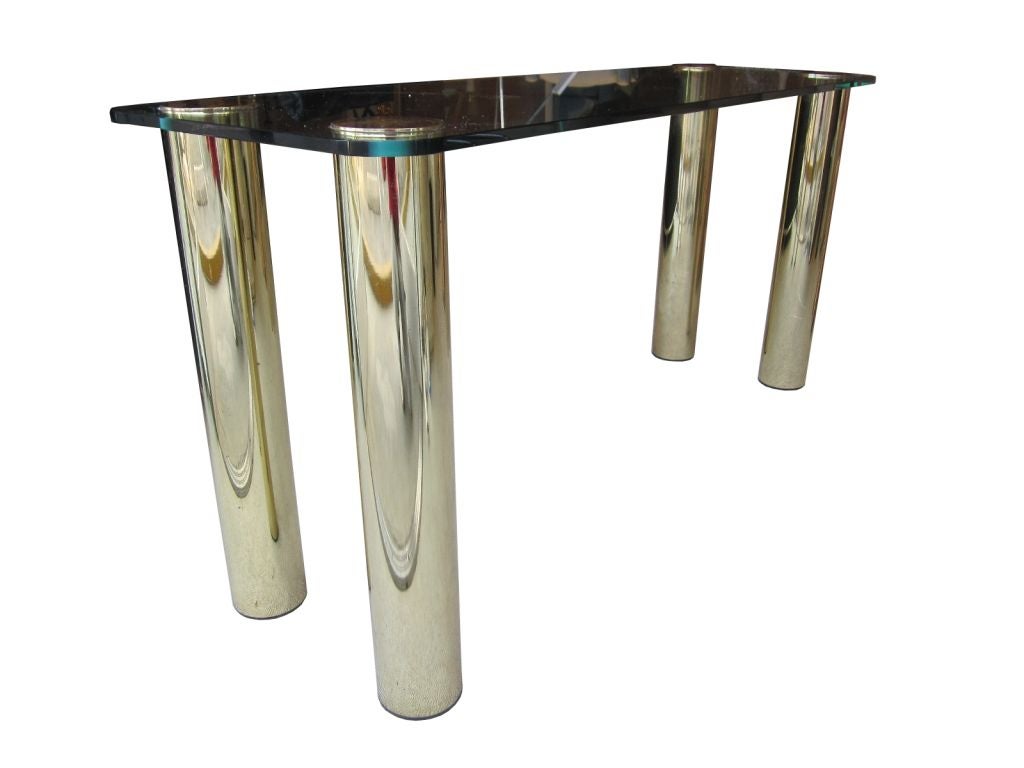 American Glass and Brass Console with Cylindrical Legs by Pace Collection