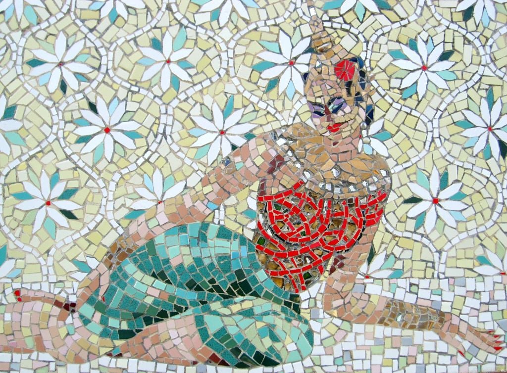 Large wall hanging artwork made of broken pieces of tile in different colors and sizes.

The center of the piece has a large image of a Cambodian dancer sitting in the floor, the piece is titled 