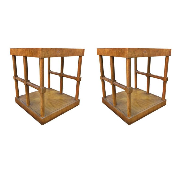 Beautiful Pair of side tables in solid walnut wood manufactured by Drexel furniture and part of their Collage collection.
The tables are very compact so they are perfect for small places or may also be sued as coffee table if placed side by