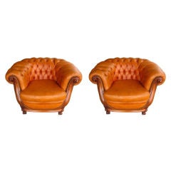 Impeccable Pair of Tufted Back Leather Chairs