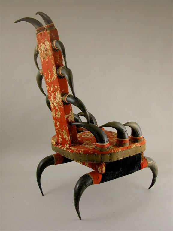 Unlike the steer horn furniture that was manufactured in the late 19th century as an expression of the west ward expansion and westward conquest, the spirt of the piece represented here is marked in contrast. 

This chair and Talisman were made of