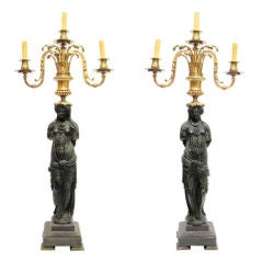 Pair of Tall Bronze Neoclassical Figural Candelabra Lamps