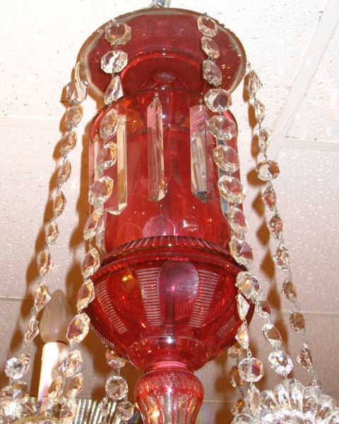 1o3 Vintage ruby red Lucite foyer tole lamp chandelier crystal prism pendant old 