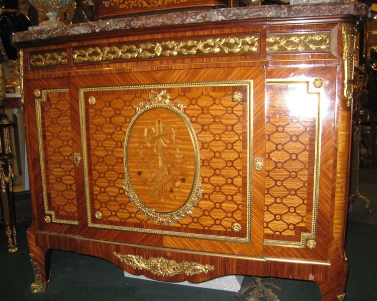 19th Century Finest Quality Louis XVI Style Marquetry Ormolu-Mounted Tall Marble-Top Commode For Sale