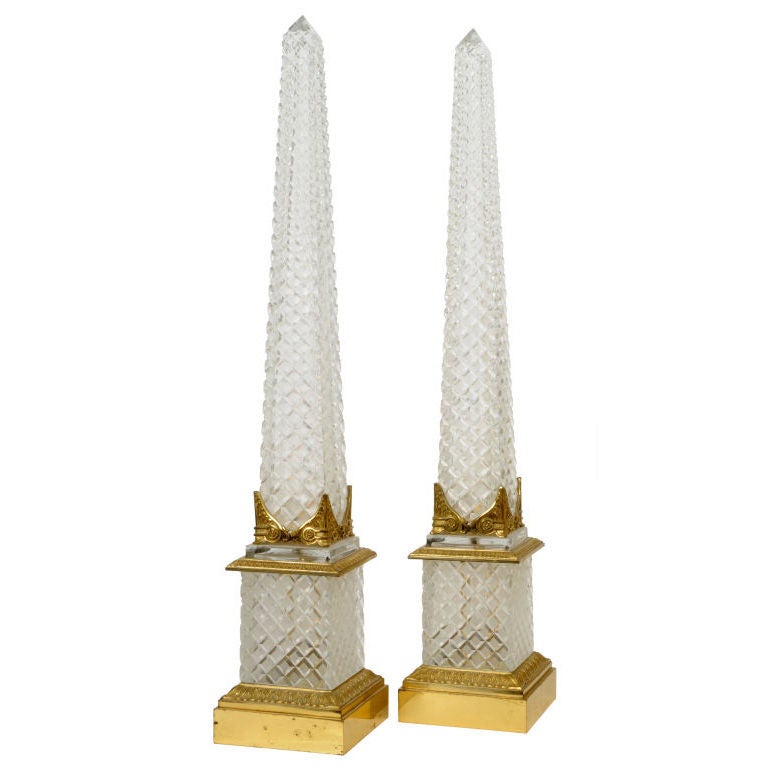 Pair of Large French Empire Style Cut Crystal Obelisks