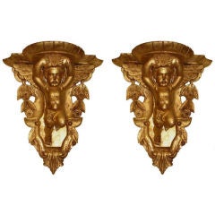Antique Pair of Figural Putti Giltwood Wall Brackets