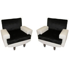 Pair of Vintage Black Mohair & White Leather Club Chairs