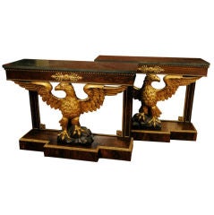 Antique Pair of Regency Revival Pier Tables with Carved Eagles