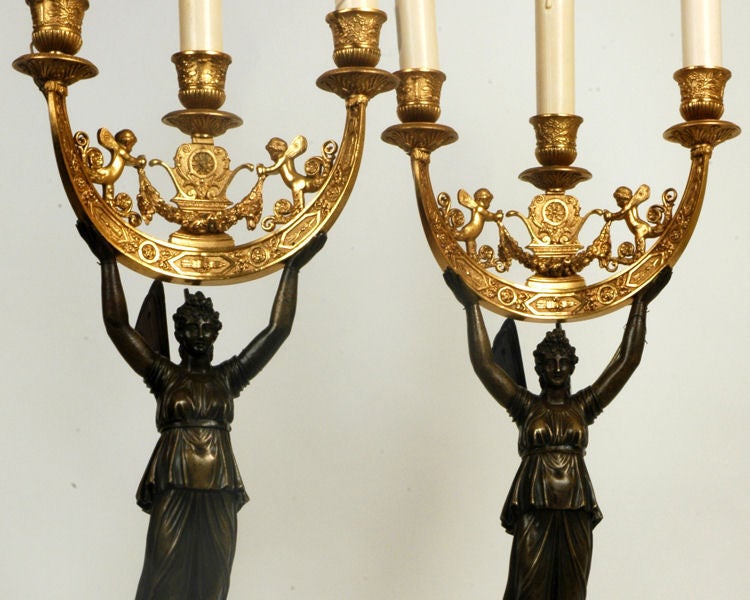 Pair of French Empire Bronze Figural Candelabra Lamps