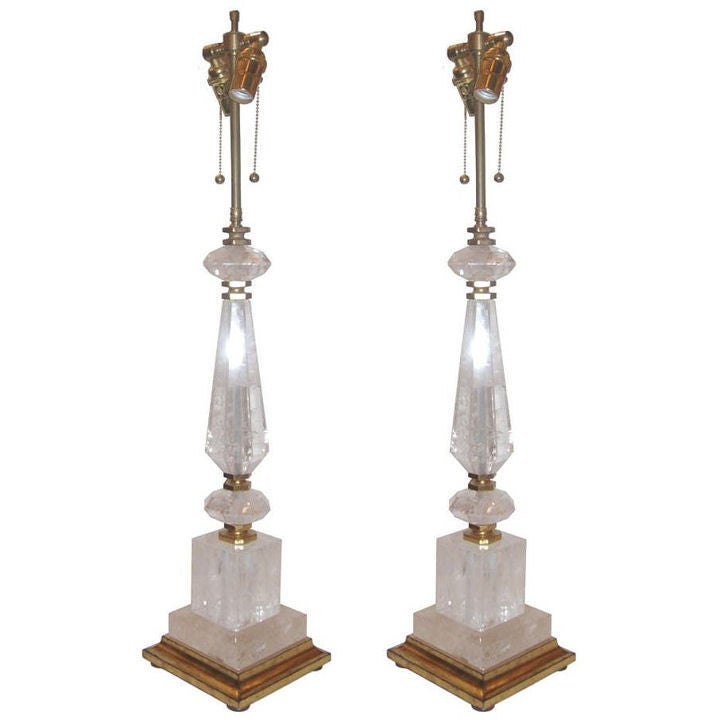 Pair of Tall Rock Crystal Table Lamps with Giltwood Base For Sale at