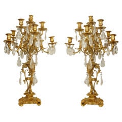 Pair Louis XV Style Gilt Bronze Candelabra with Rock Crystals